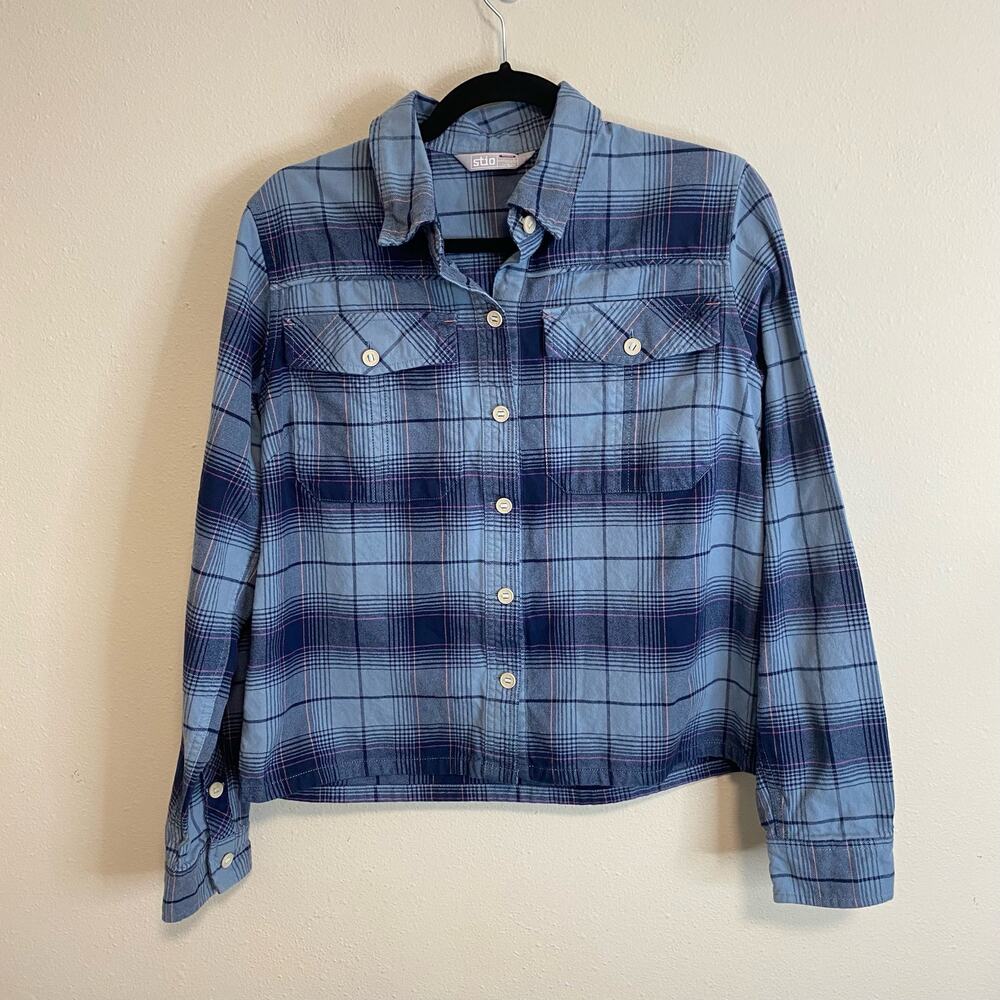 Stio Women's Bevel Flannel Shirt Blue Plaid Size Small